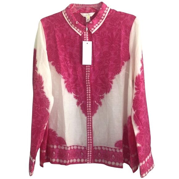 Lilly Pulitzer Kiran Button Down Top Womens Sz L Western Glam Pink White NEW - Picture 3 of 16